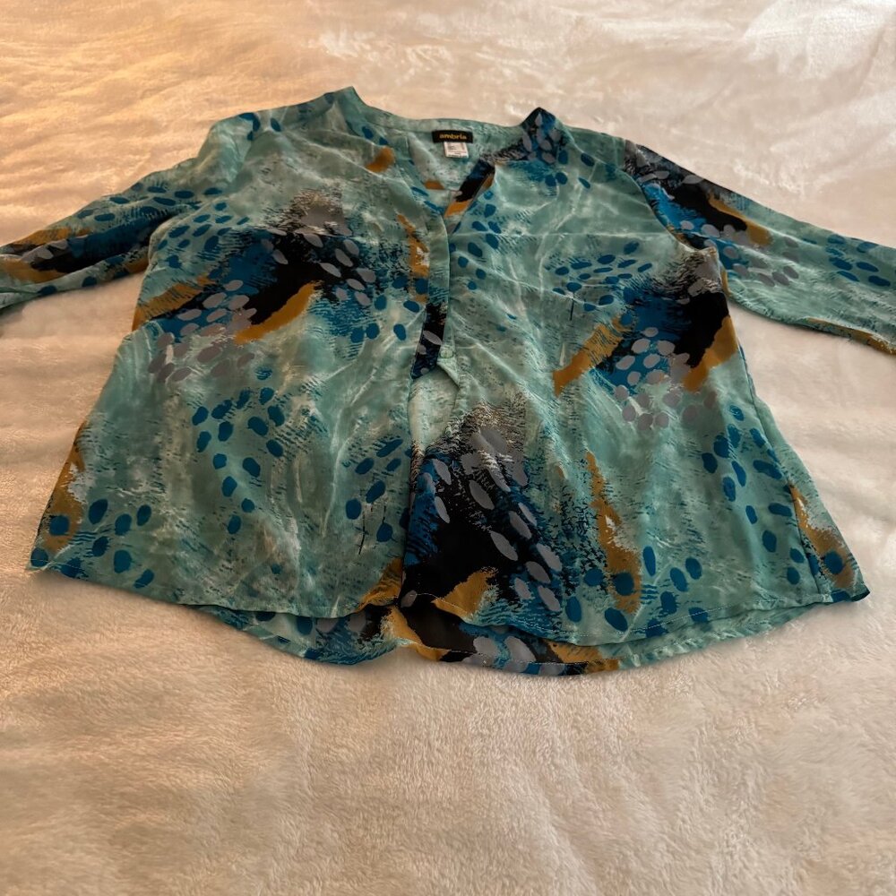 Ambria Sheer Watercolor Green Button Down Blouse Size 16